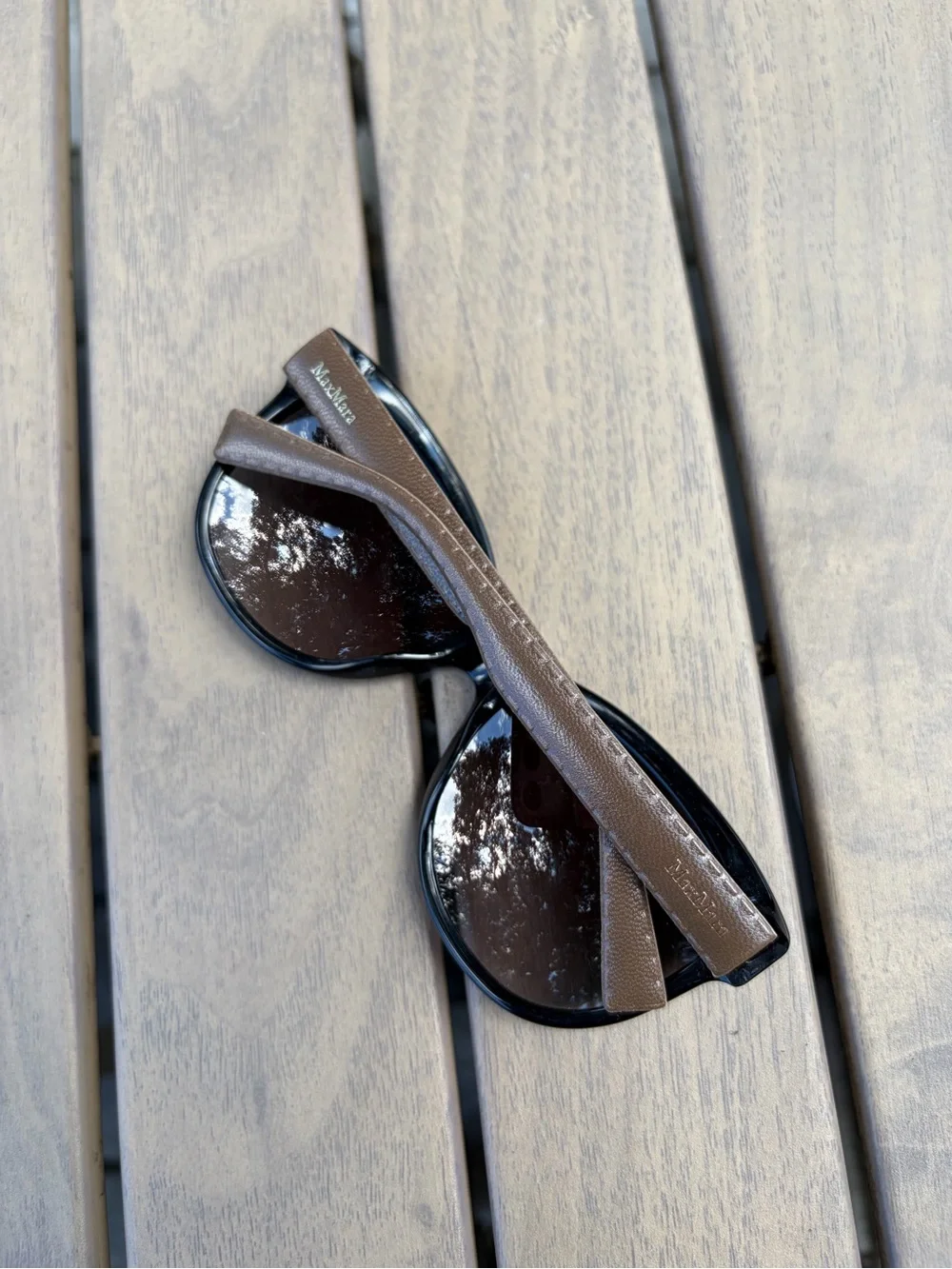 MaxMara Brown Leather-Trim Sunglasses with Black Frame